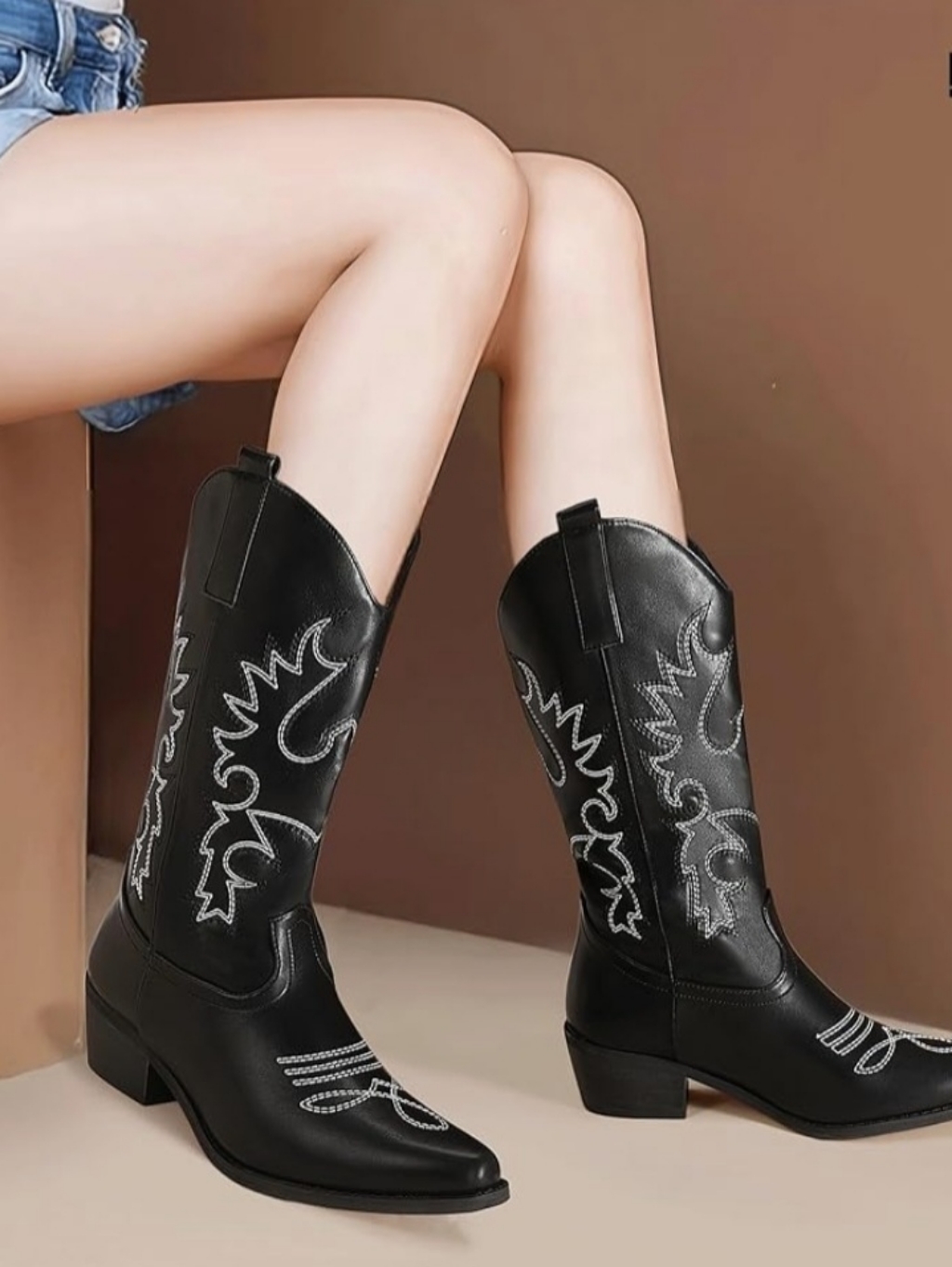 Women Cowboy Boots Mid Calf Blackcowgirl Boots Embroidery Stitched Western Boots
